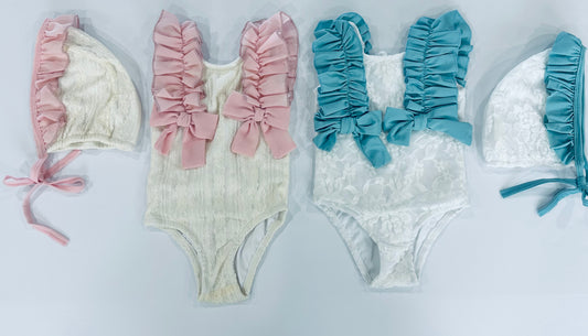 Mabel Vintage Lace Swimmie + Bonnet RTS!