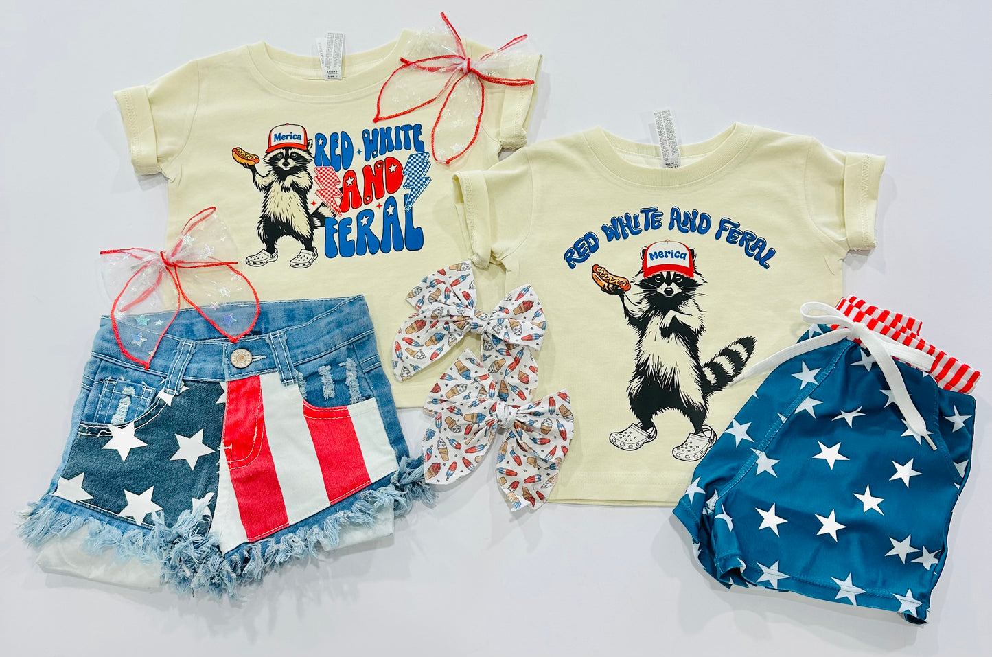 Raccoon Red White & Feral on Ivory Tee Adult + Kids RTS