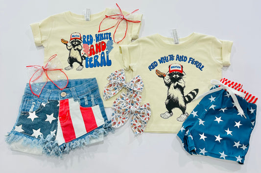 Raccoon Red White & Feral on Ivory Tee Adult + Kids RTS