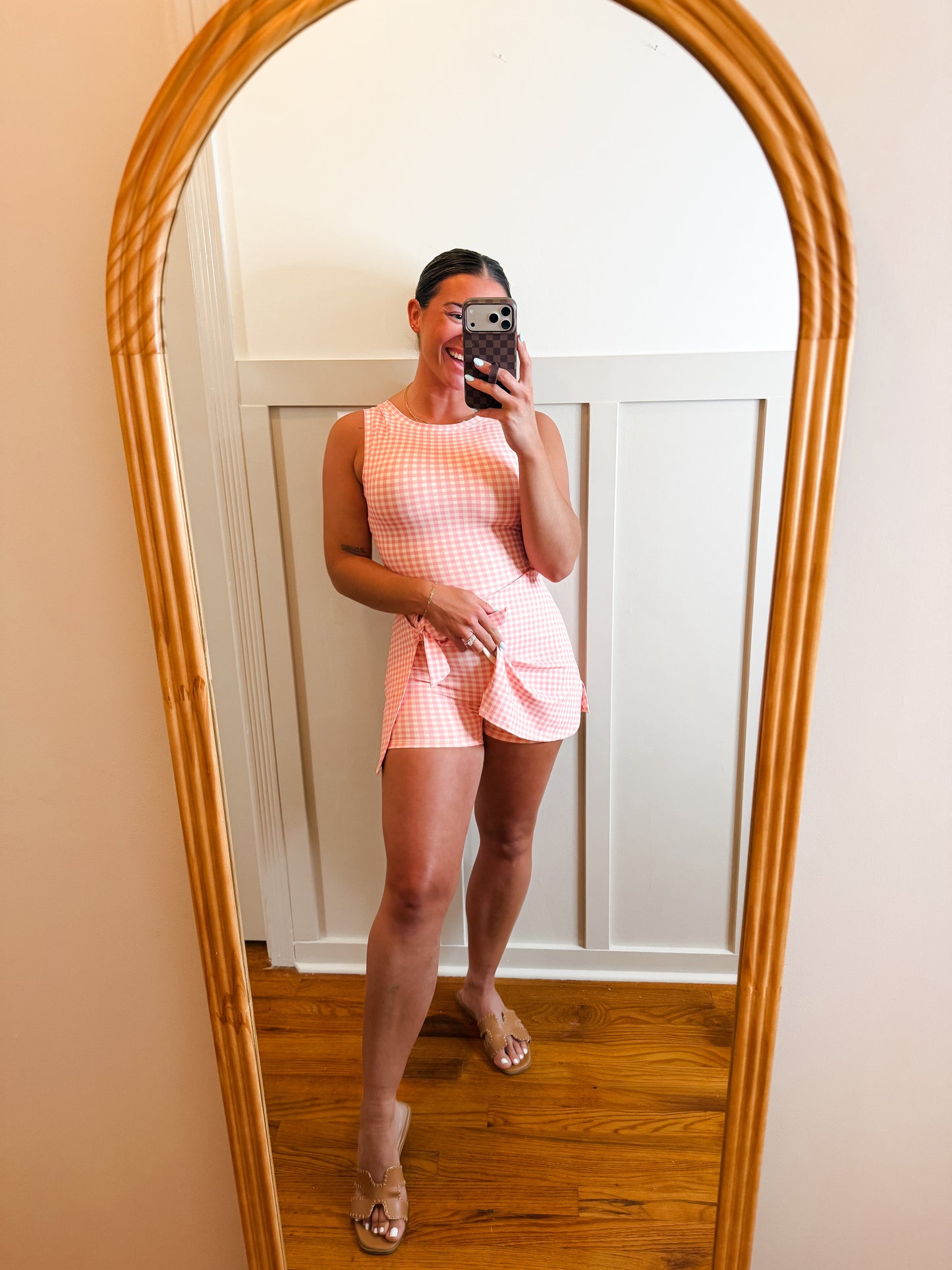 Pink Gingham Print Wrap Tie Front Dress