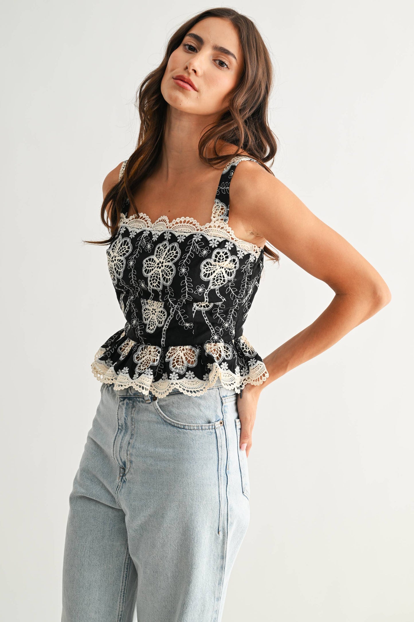 Fallon Floral Lace Embroidered Peplum Tank