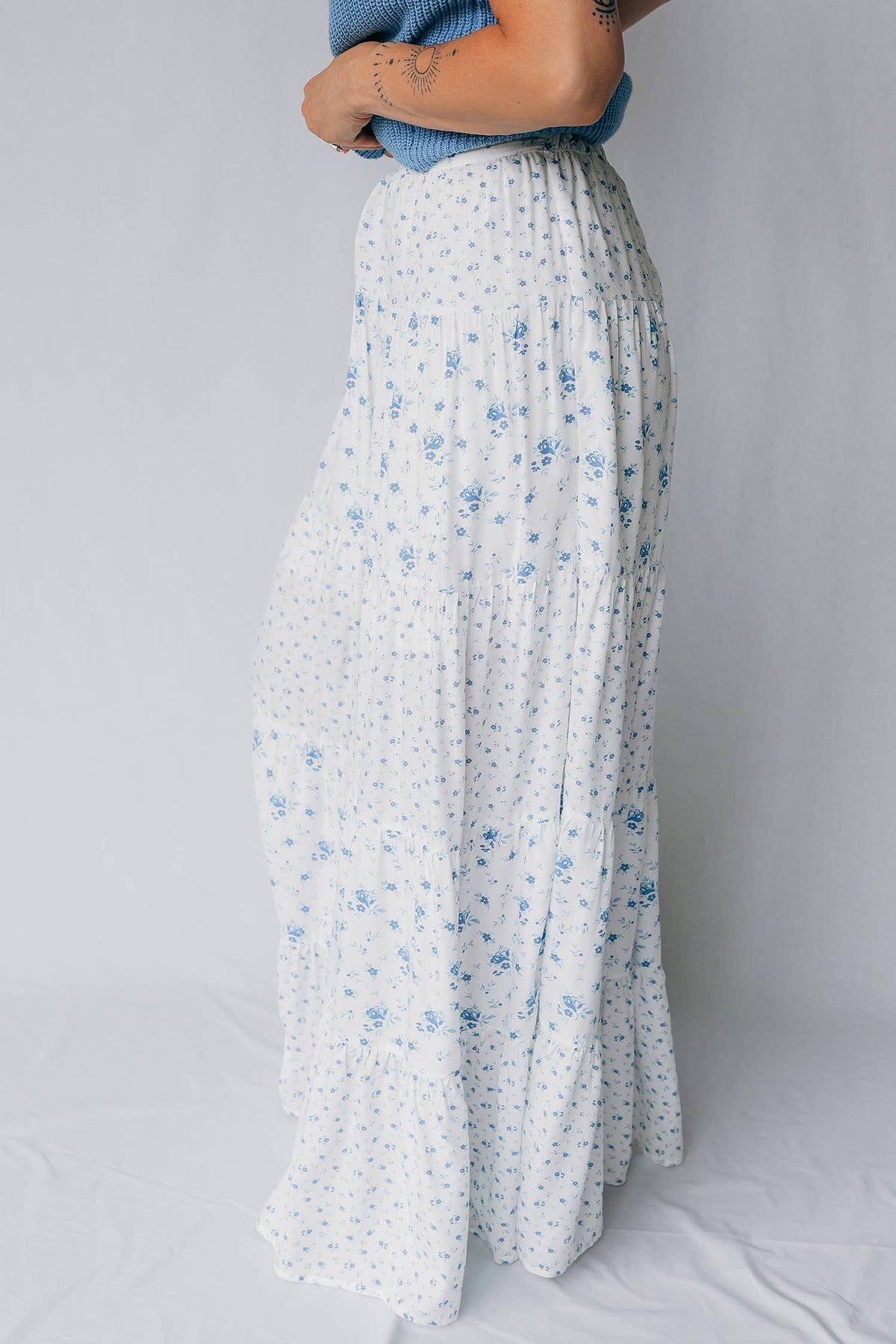 Hampton High Waist Delicate Blue Floral Boho Maxi Skirt