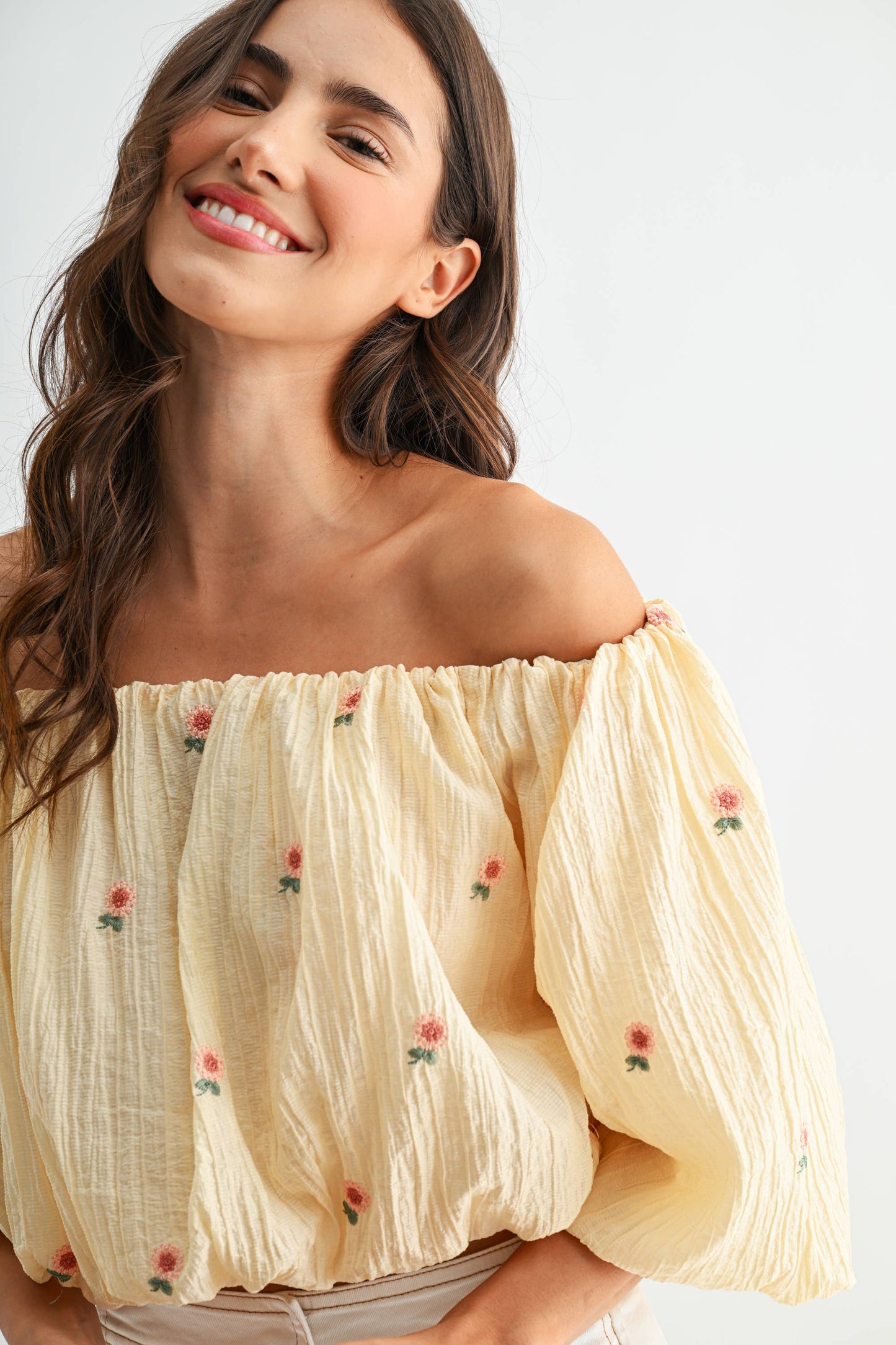 Off-The-Shoulder Lemonade Floral Embroidered Top