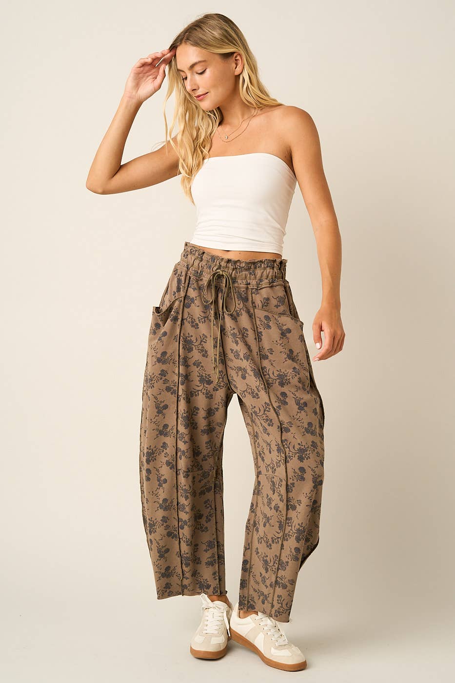 Mocha Floral Seam Detail Barrel Pants