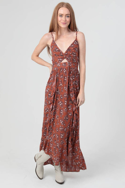 Tambra Twist Front Double Ruffle Maxi Dress w/Slit