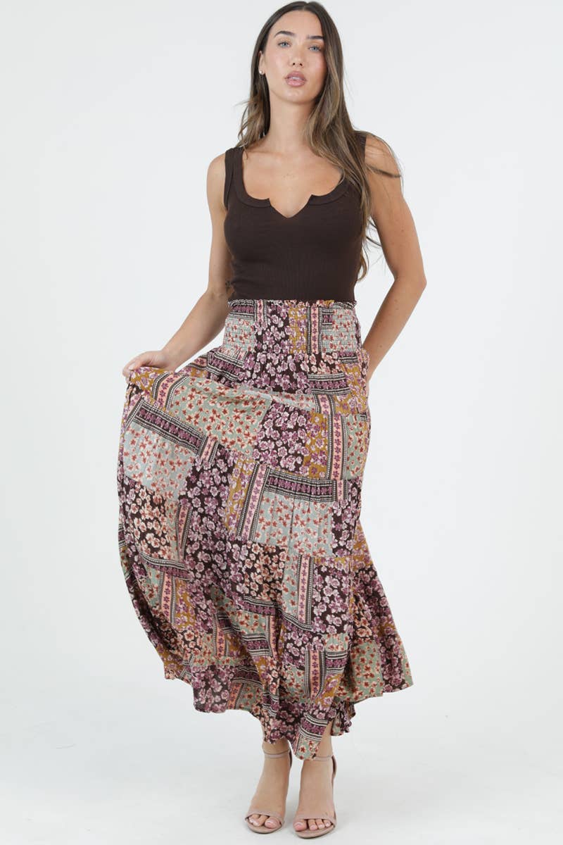 Tiered Bonnie Floral Patchwork Skirt w/Smocked Waistband