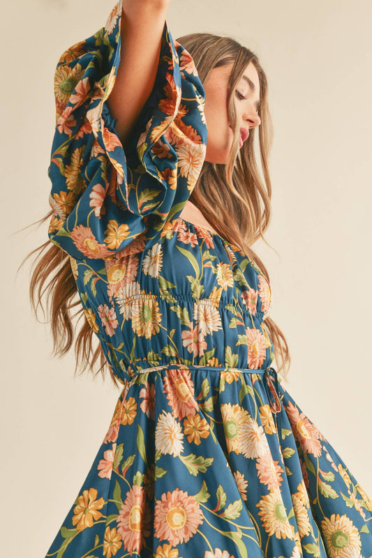 Eleighny Exclusive Satin Vintage Floral Bubble Sleeve Mini Dress