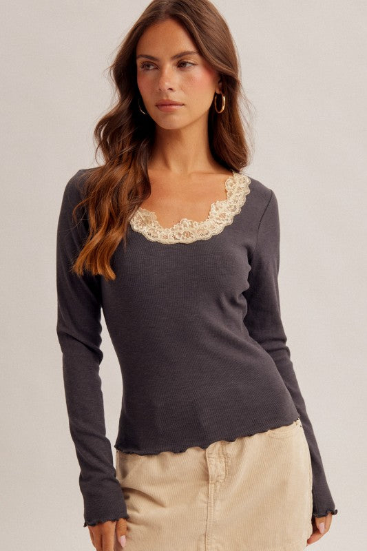 Lace Lined Henley Top w/Scalloped Hem