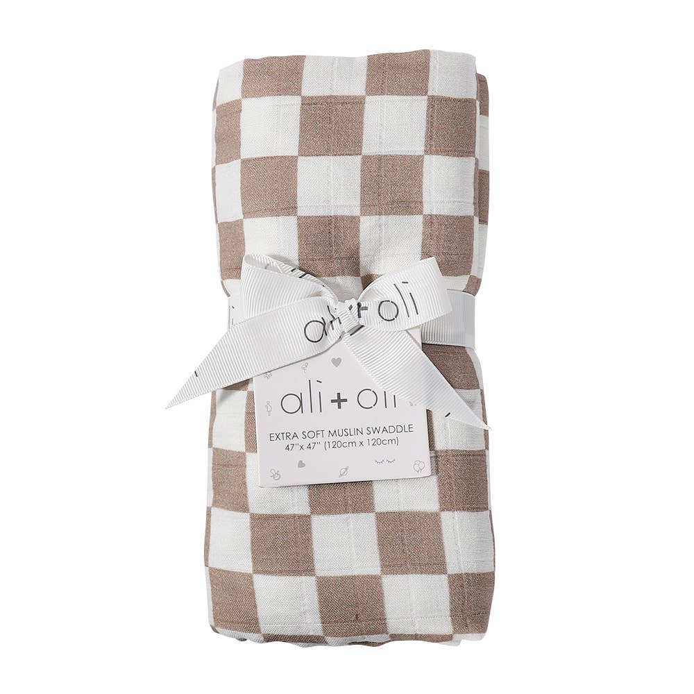 Mocha Check Bamboo Muslin Swaddle Blanket