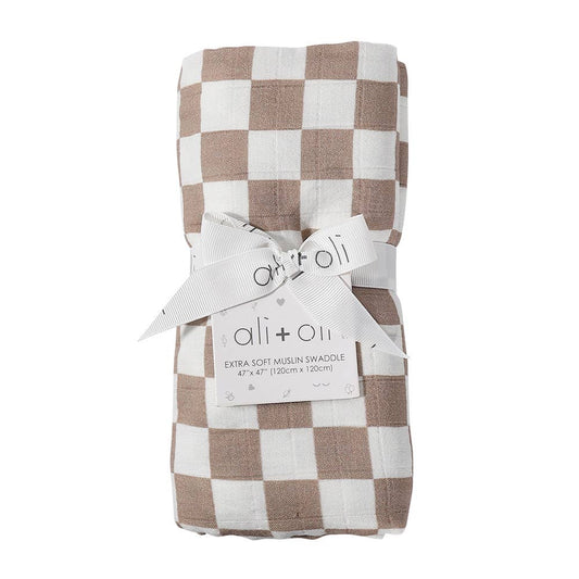 Mocha Check Bamboo Muslin Swaddle Blanket