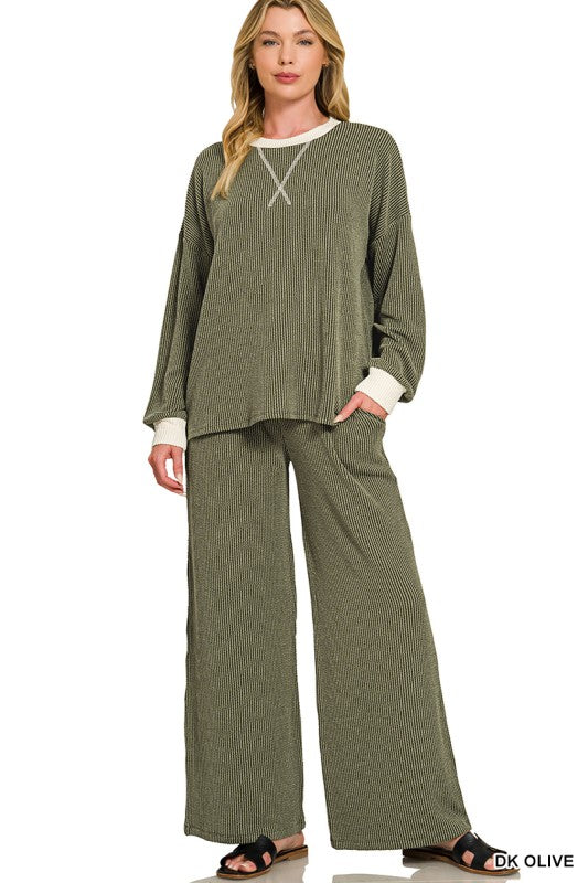 Layed Over Lounge Ribbed Contrast Trim Pant Set