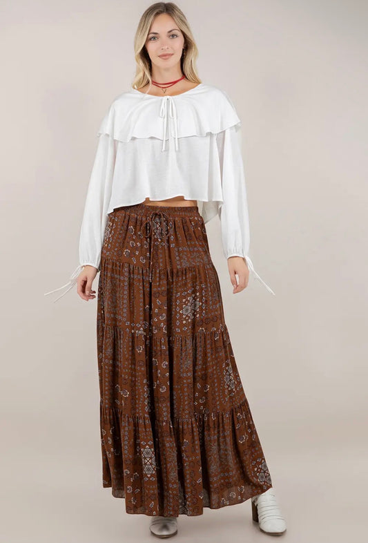 Coffee Tiered Maxi Skirt With Pockets