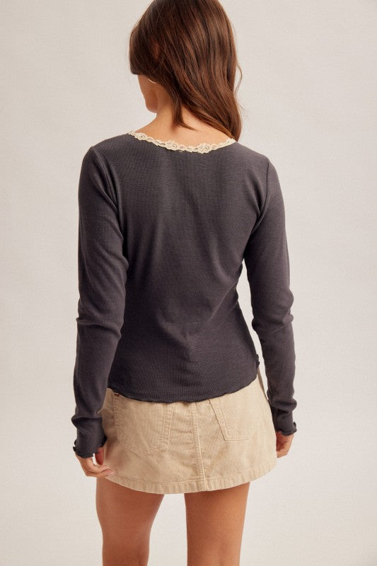 Lace Lined Henley Top w/Scalloped Hem