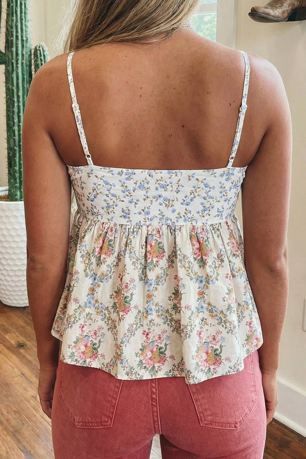 Western Floral Print Patchwork Babydoll Tank