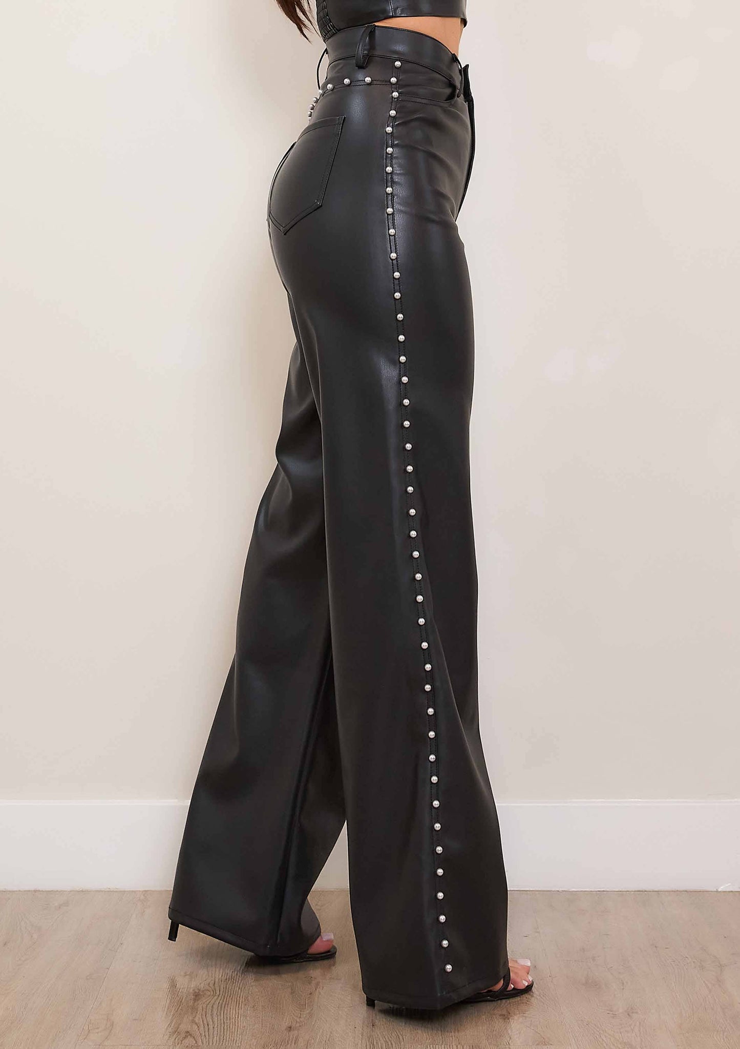 Concert Baddie Vegan Leather Wide Leg Pants With Pearl