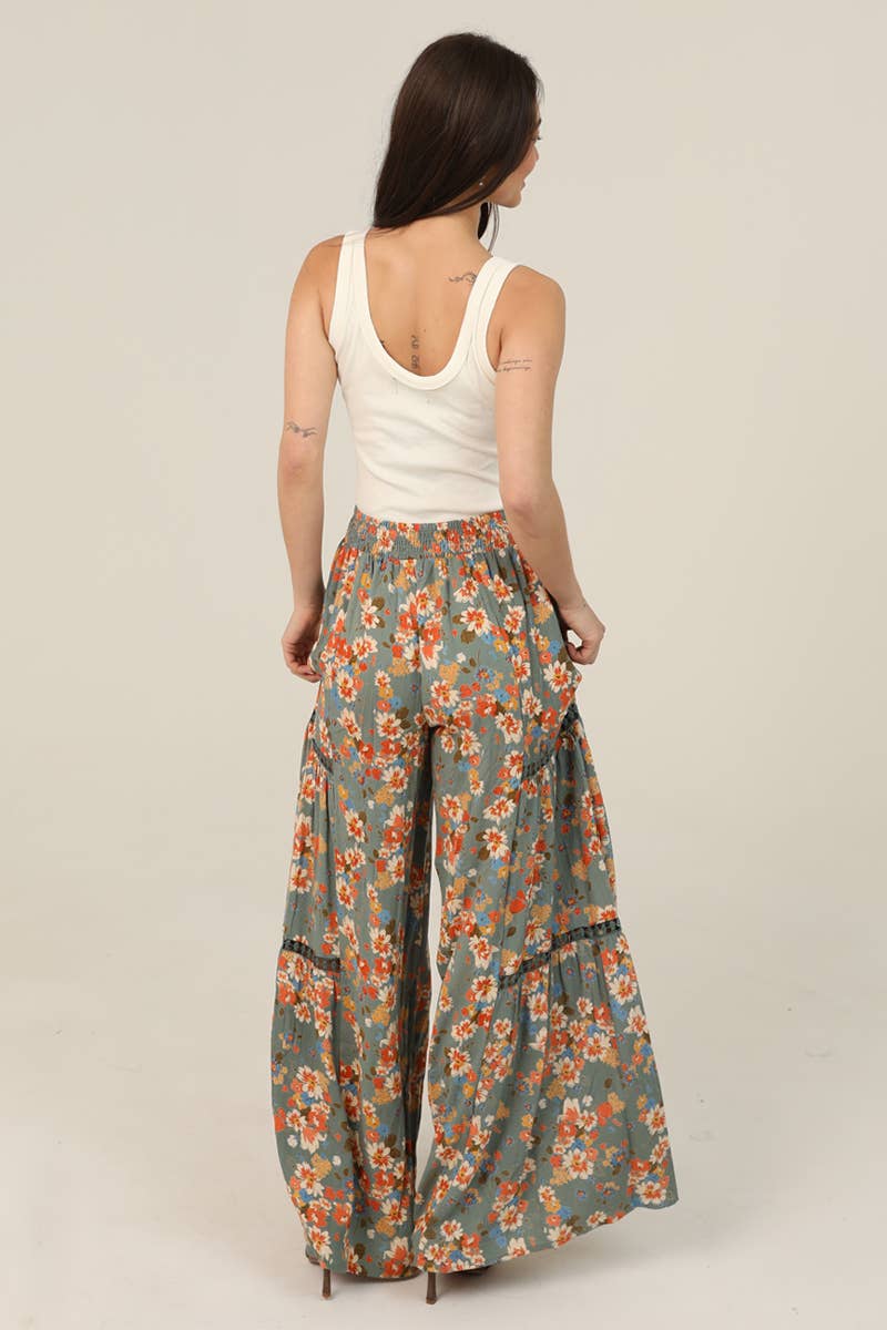Cozumel Floral Wide Leg Lace Panel Fun Pants