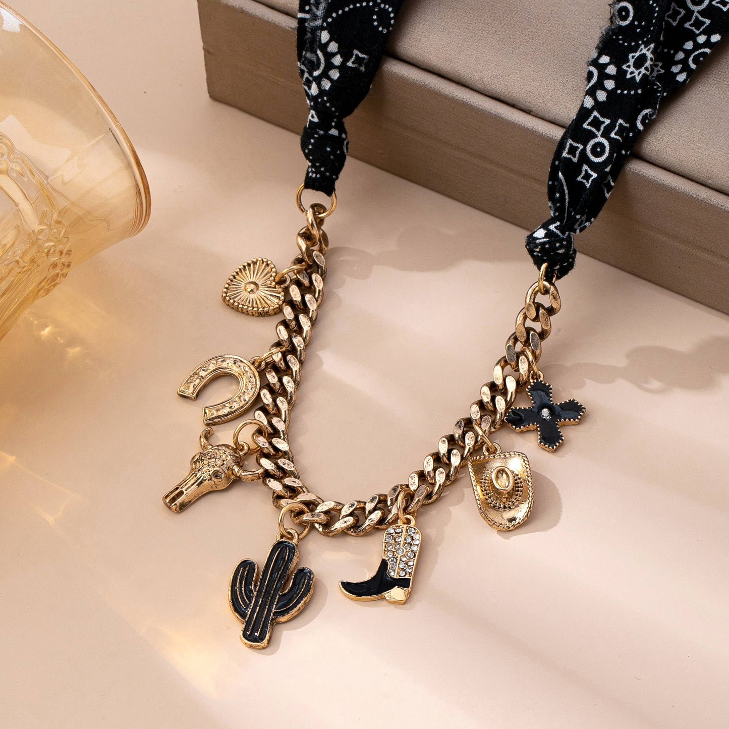 Gold Wild Chunky Chain Necklace + Black Paisley Bandana