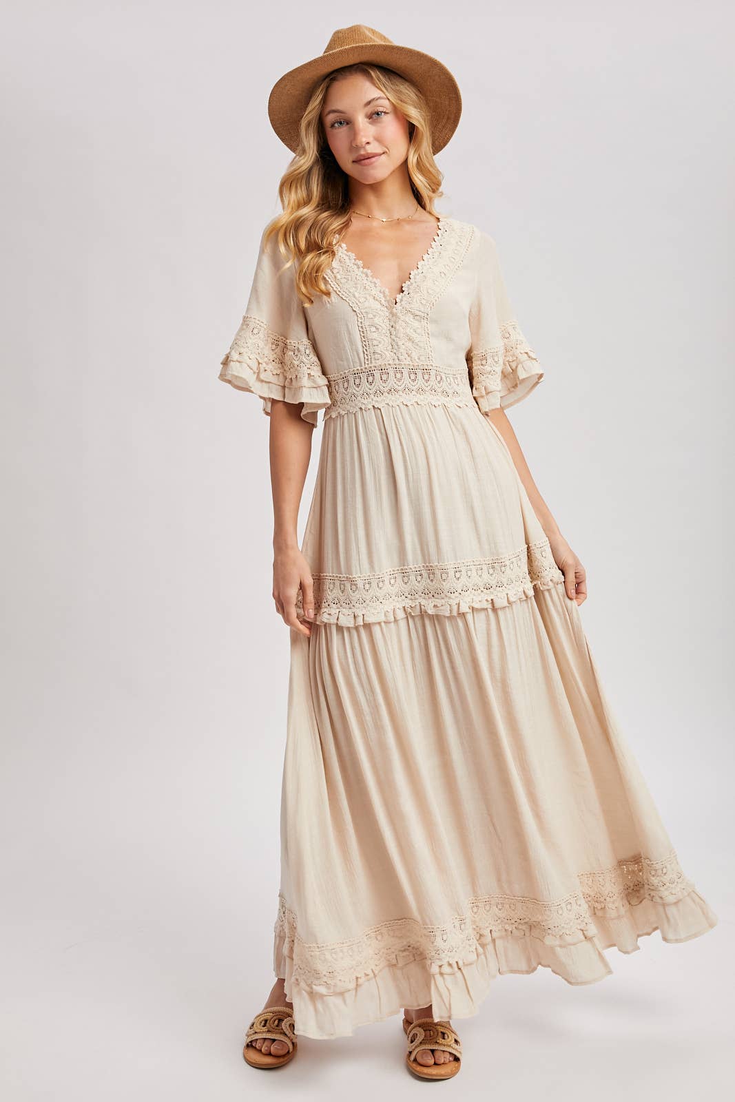 Ava V-Neck Lace Trim Maxi Dress