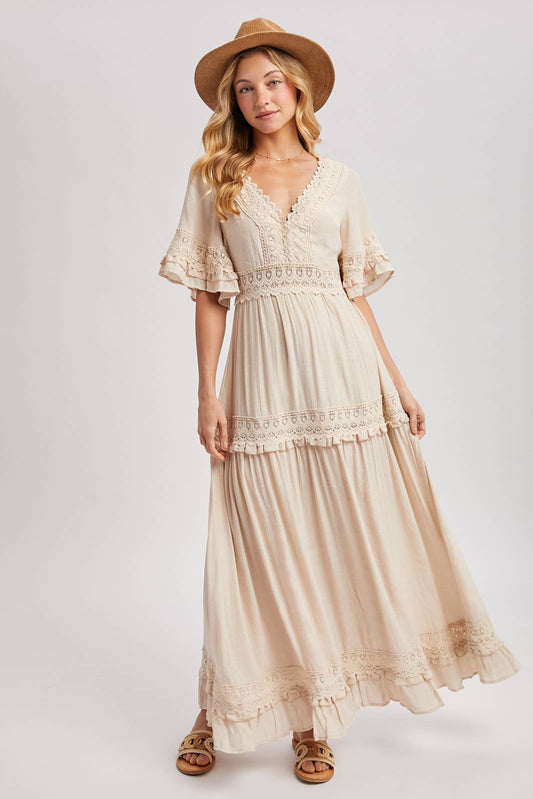Ava V-Neck Lace Trim Maxi Dress