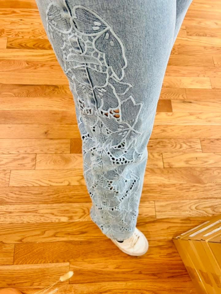 Floral Cutout Wide Leg Denim