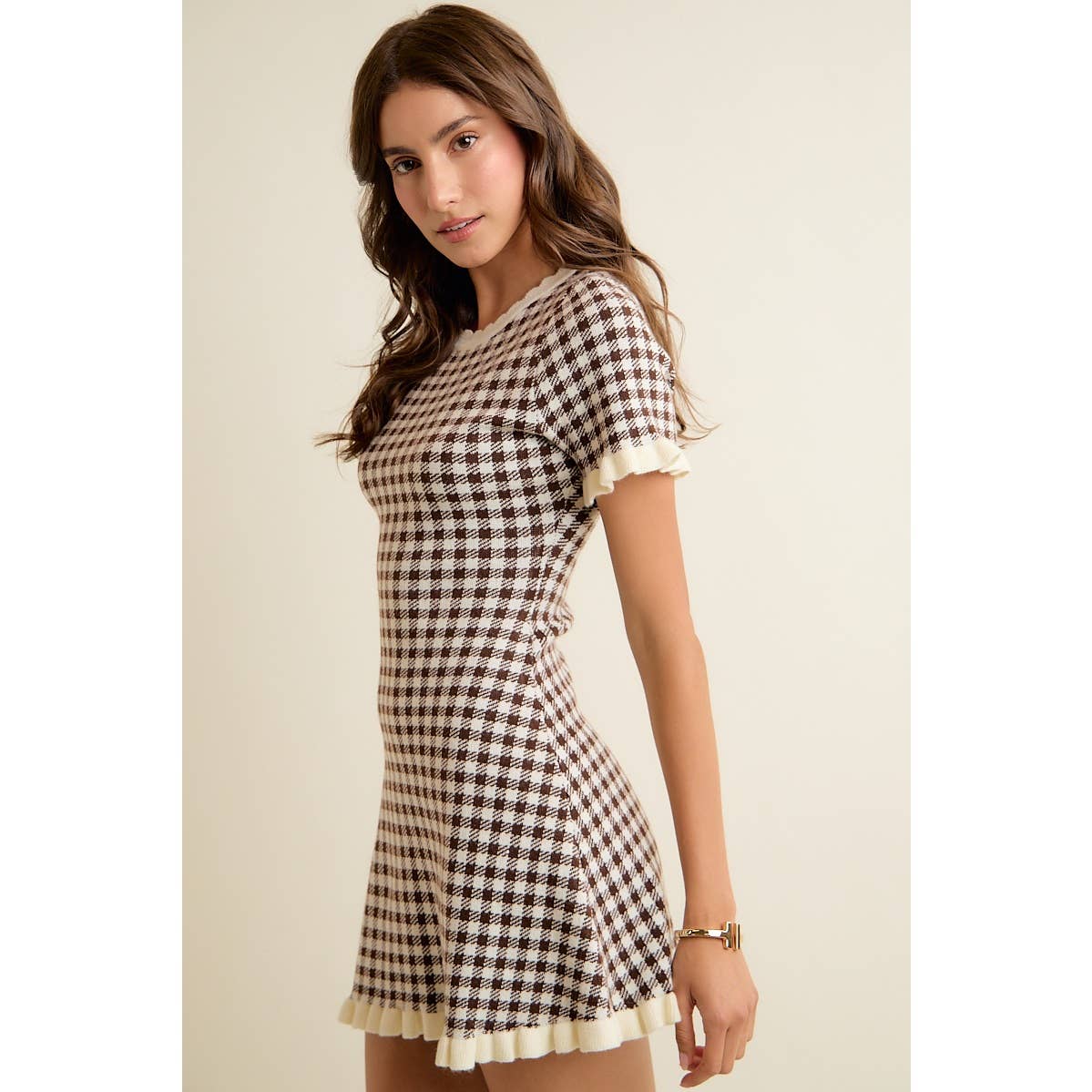Georgia Gingham Ruffled Sweater Knit Mini Dress