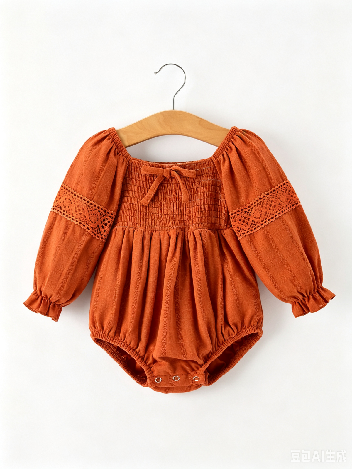 Fall Rust Smocked Lace Trim Bubble Romper
