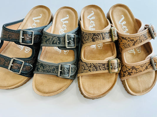 Viral Tambra Tooled Leather Double Buckle Slides - RTS