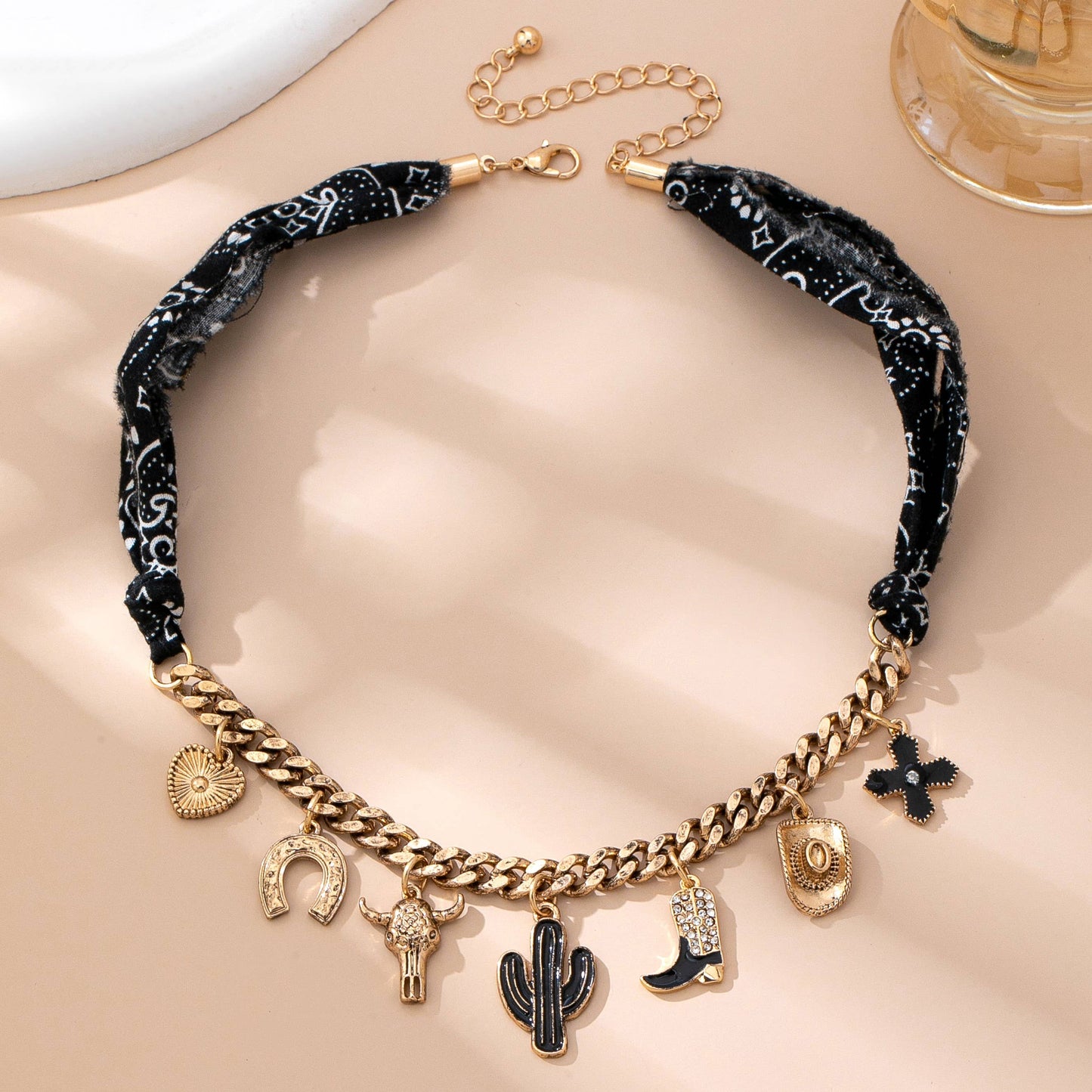 Gold Wild Chunky Chain Necklace + Black Paisley Bandana