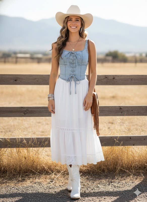 Novella Lace-Up Corset Stretch Denim Top