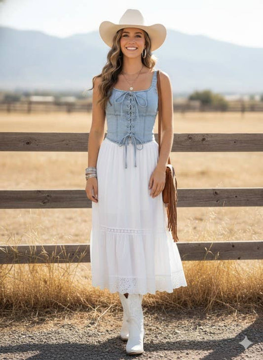 Novella Lace-Up Corset Stretch Denim Top