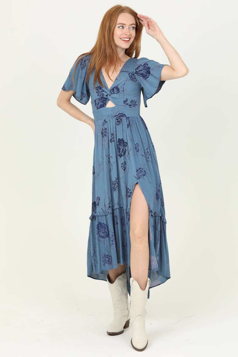 Moody Blue Cut Out Twist Front Maxi Dress