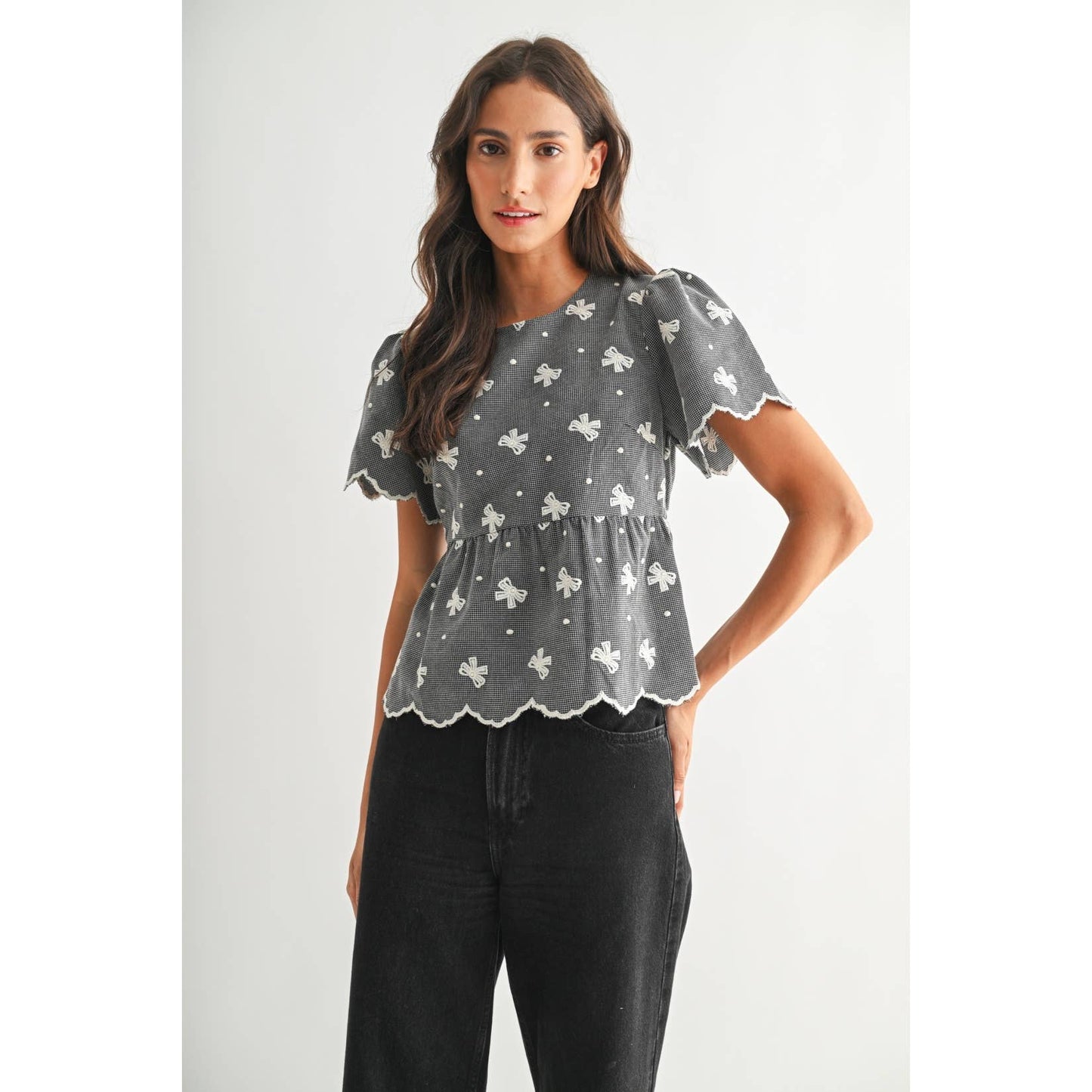 Embroidered Puff Sleeve Peplum