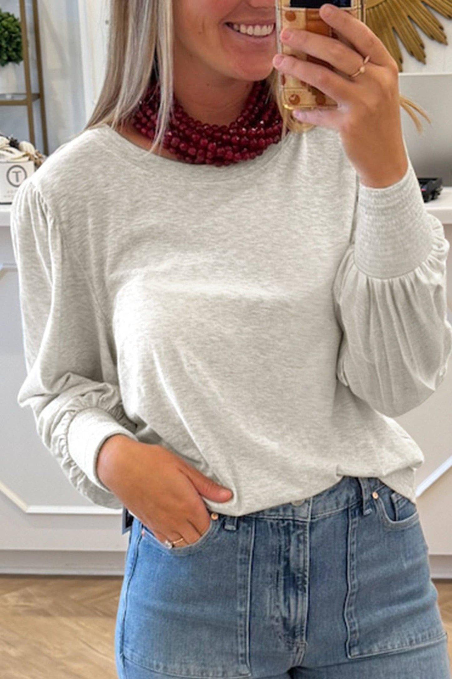 Oatmeal Shirred Cuff + Puff Sleeve Peasant Top