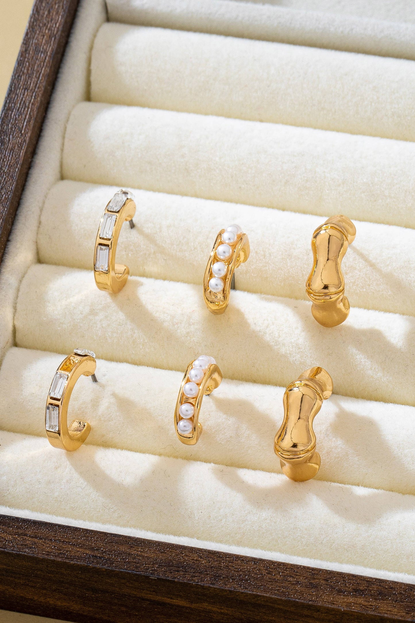 Pearl Rhinestone + Gold Bamboo Multi Hoop Trio Earrings