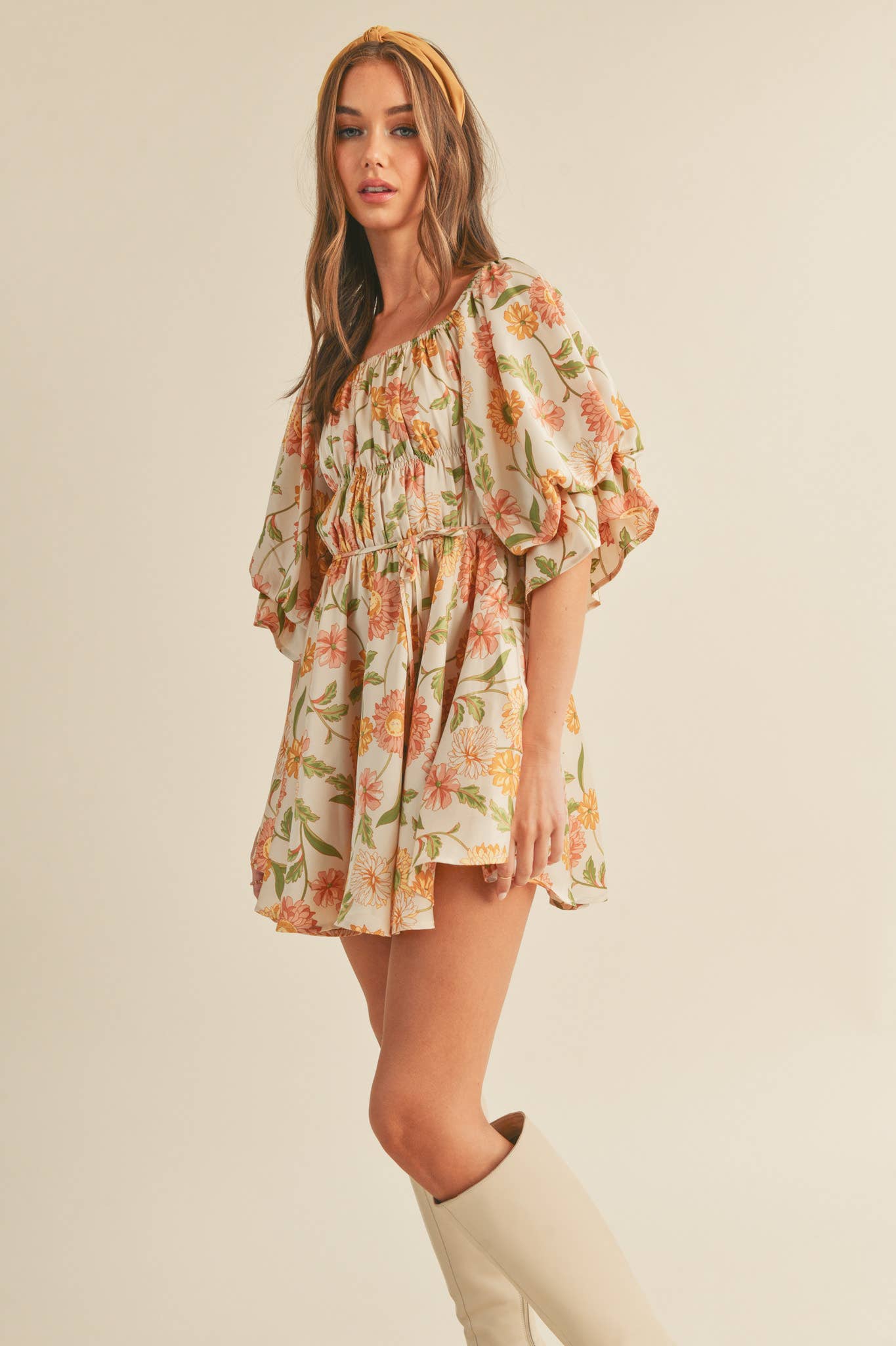 Eleighny Exclusive Satin Vintage Floral Bubble Sleeve Mini Dress