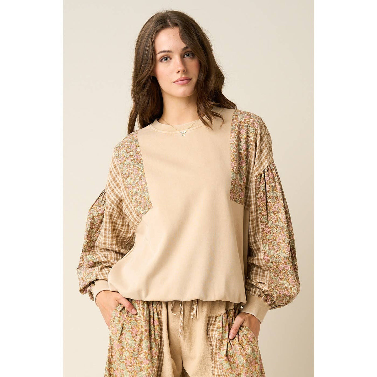 Ashlyn Patchwork Mixed Media Mineral Wash Crew