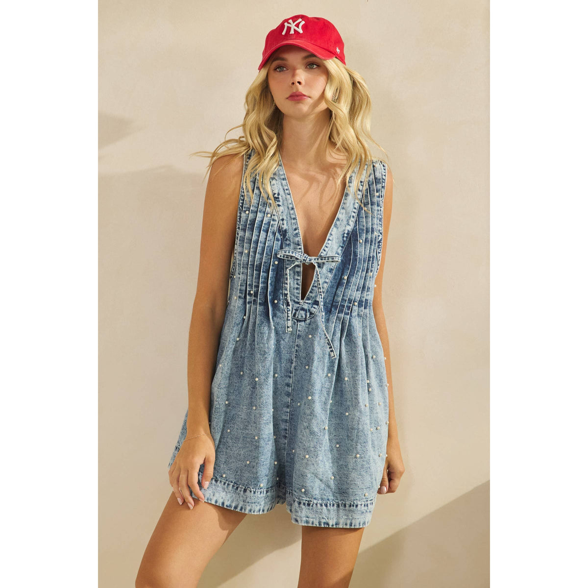 Pleated Pearl Denim Western Romper
