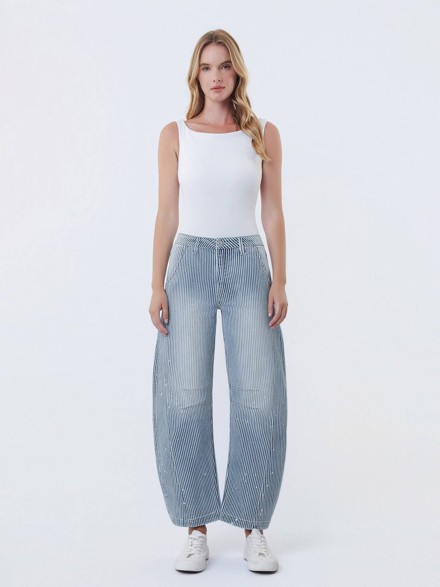 Harlow High-Rise Stripe Barrel w/ Paint Splashed Denim