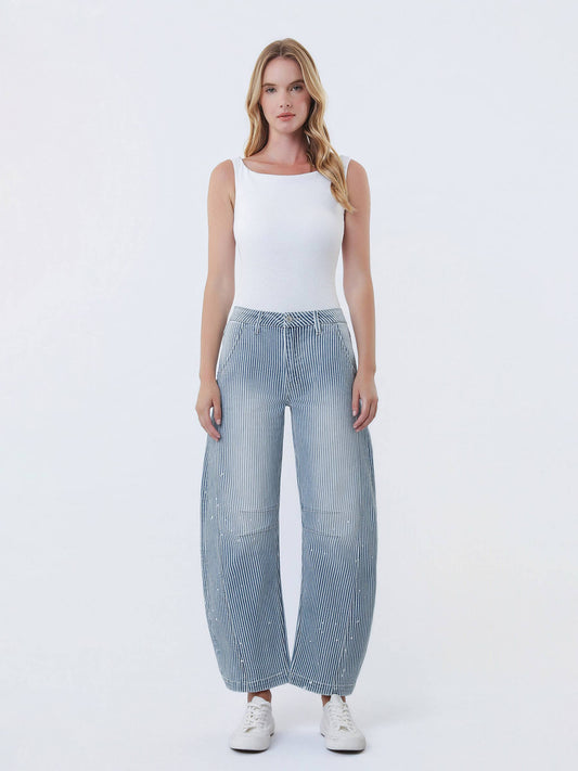 Harlow High-Rise Stripe Barrel w/ Paint Splashed Denim