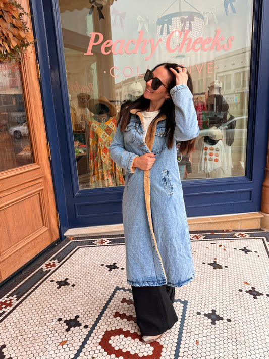 Walkin’ After Midnight Teddy Lined Long Denim Jacket