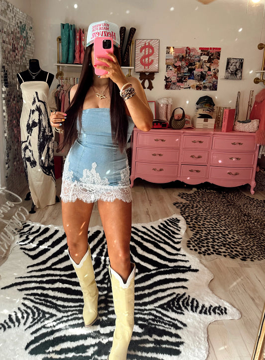 Showstopper Denim Lace Romper PRE