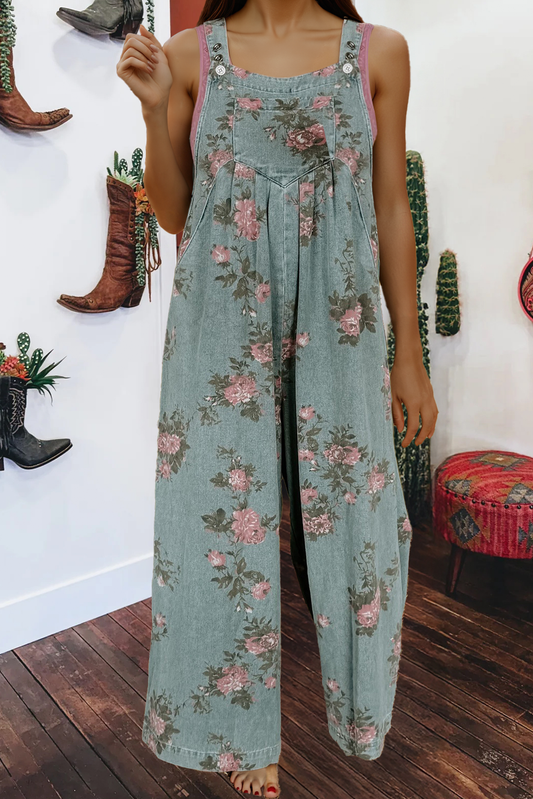 Christy Floral Pleated Wide Leg Denim Jumpsuit