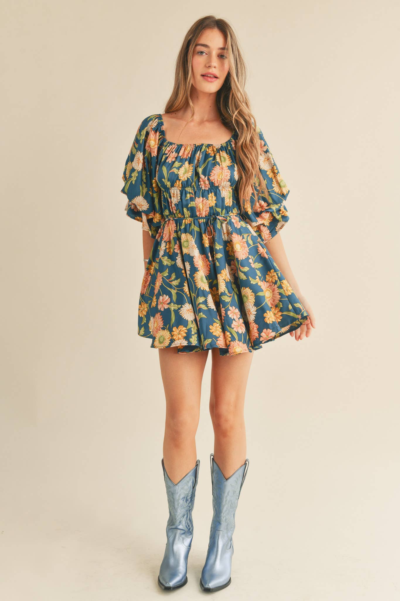 Eleighny Exclusive Satin Vintage Floral Bubble Sleeve Mini Dress