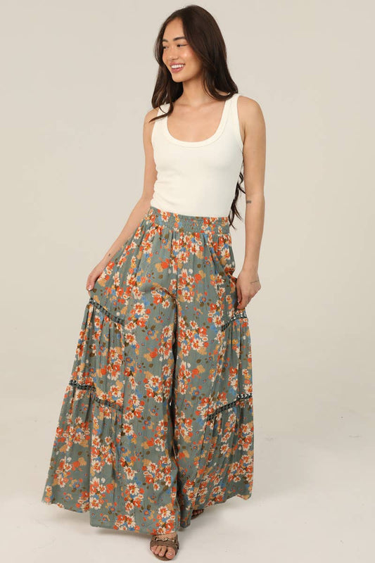 Cozumel Floral Wide Leg Lace Panel Fun Pants