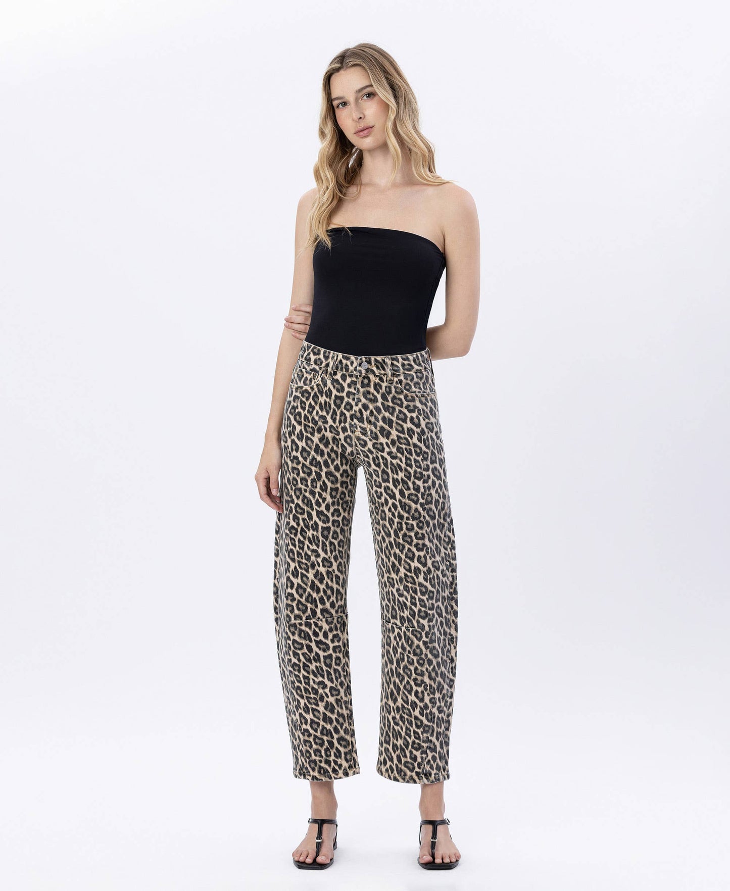 High Rise Leopard Barrel Denim