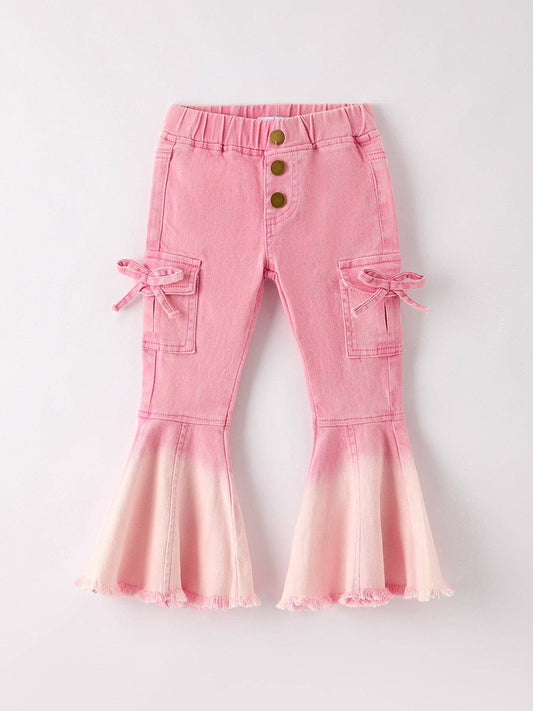 Pink Frayed Hem Cargo Pocket Bell Bottoms