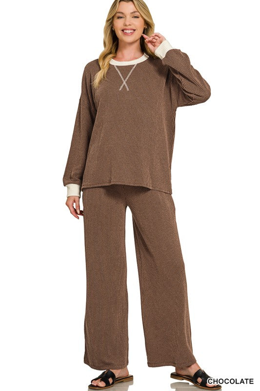 Layed Over Lounge Ribbed Contrast Trim Pant Set