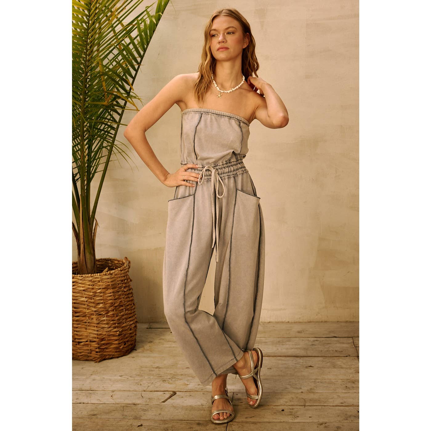Cloud Mineral Wash Contrast Stitch Barrel Leg Jumpsuit