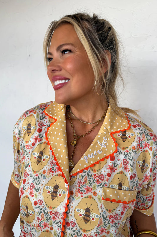 Queen Bee Luxe PJ Set Embroidered “Queen Bee” on Lapel