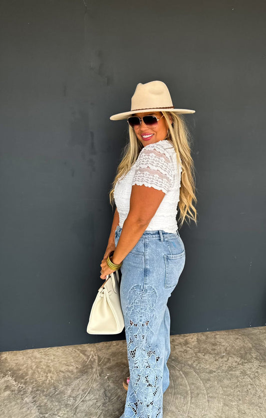 Round Two: Floral Cutout Wide Leg Denim PRECLAIM